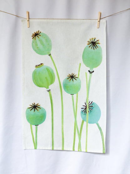 Tea Towel: Poppy Pods on Ecru